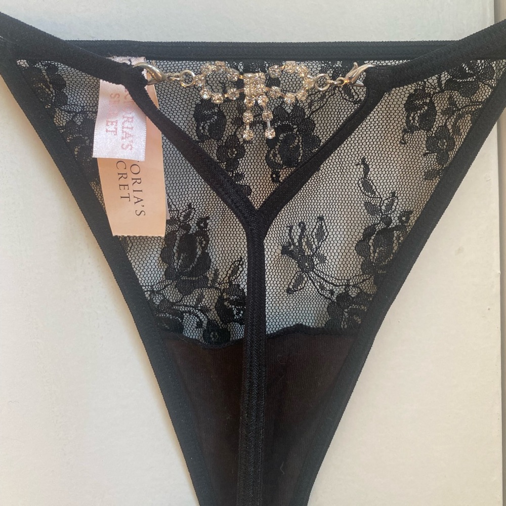 Victoria's Secret Black Lace thong w 3 Rhinestone Bows.